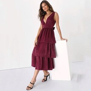 NWT Lulus Peak Party Vibe Plum Purple Satin Tiered Tie-Back Midi Dress Size XS